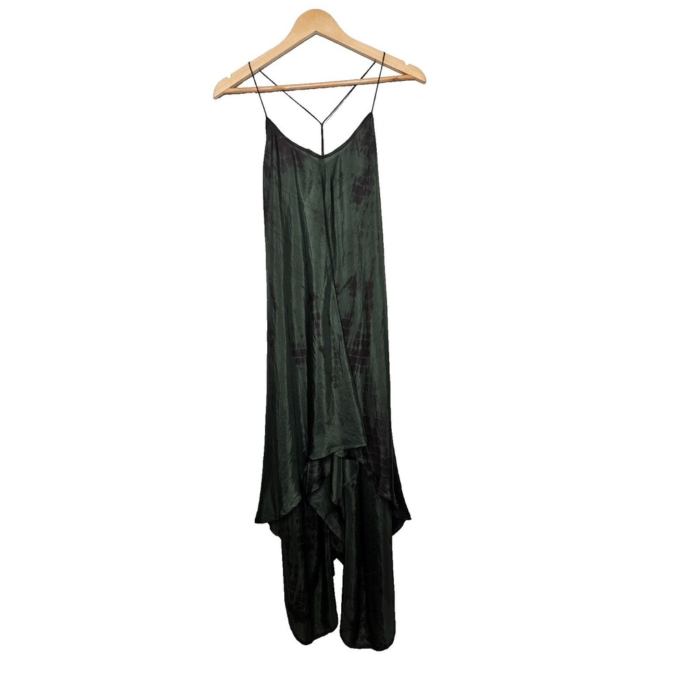 FARA Boutique Silk Zen Dress S/M Tourmaline Green Spaghetti Straps High Low Hem